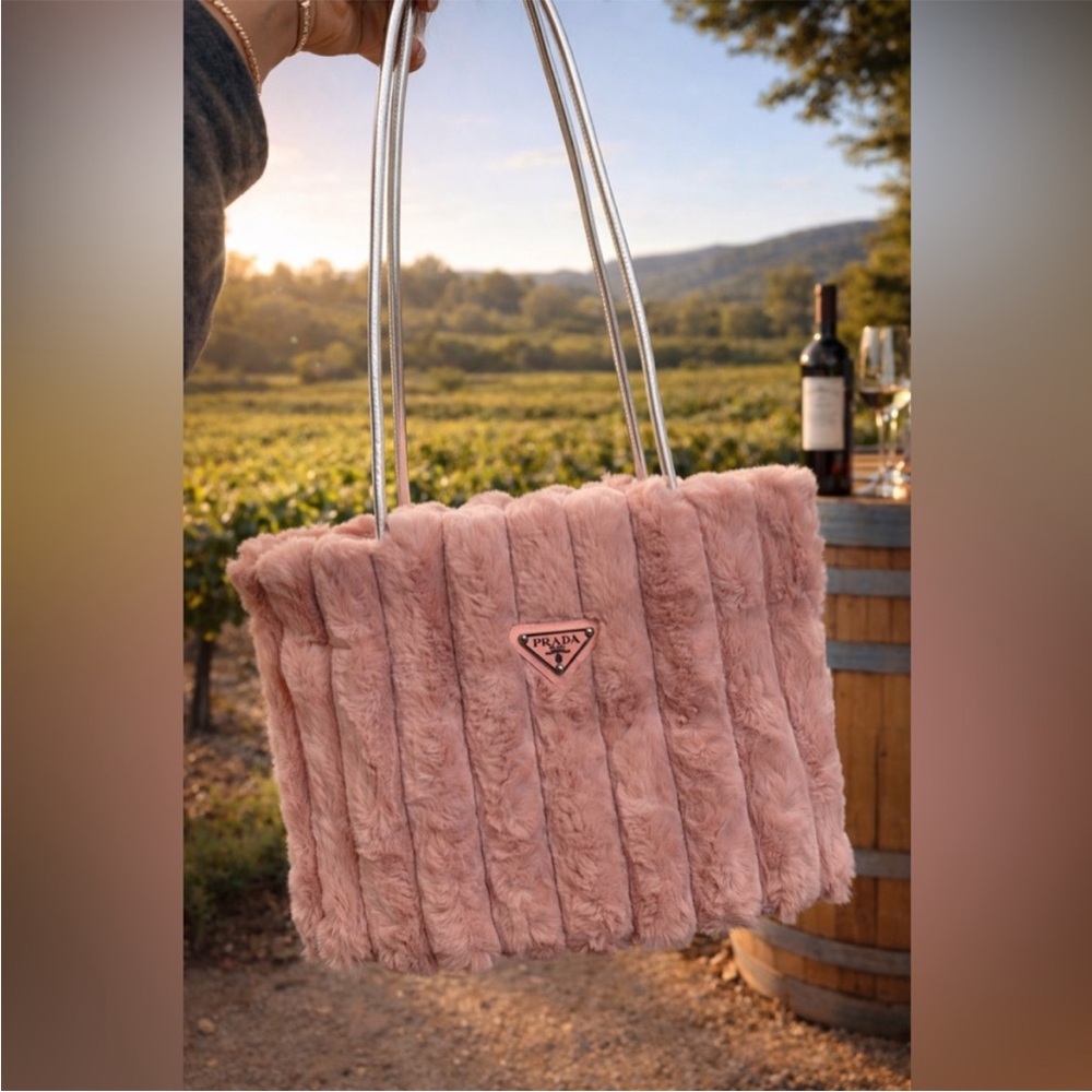 Prada Pink Plush Fur Tote with Silver Straps